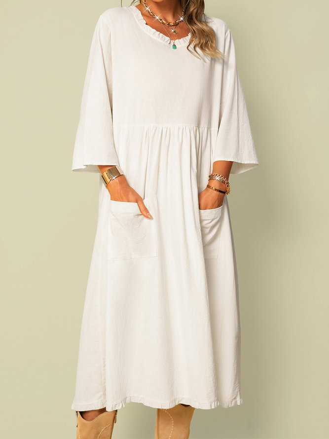 Long Sleeve Vintage Shift Linen Weaving Dress | noracora