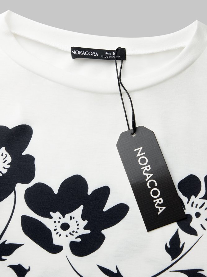Women's Floral Printed Round Neck White&Black Short Sleeve Casual T-shirts