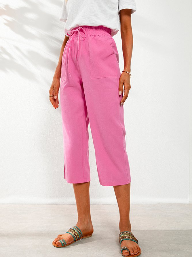 Casual Solid Pockets Straight Cropped Pants