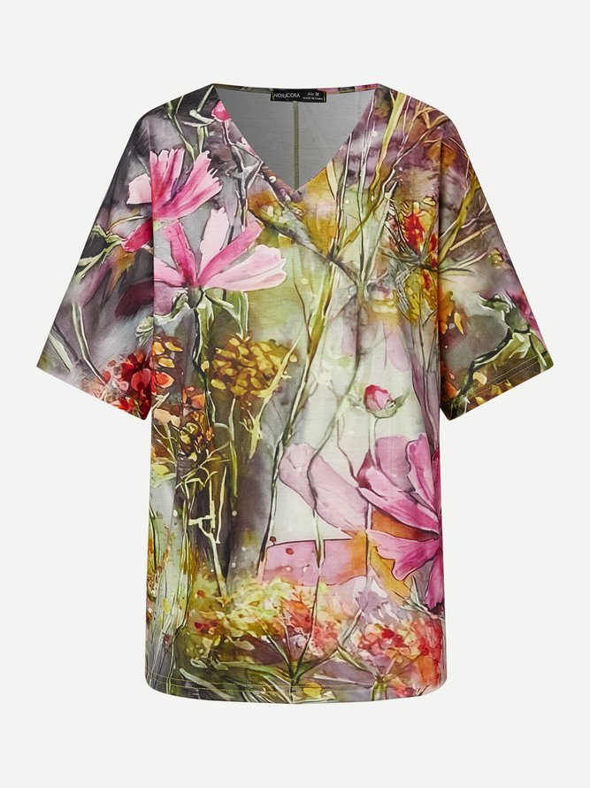 Women's Cotton Blends V Neck Loosen Floral Casual Tunic T-Shirt