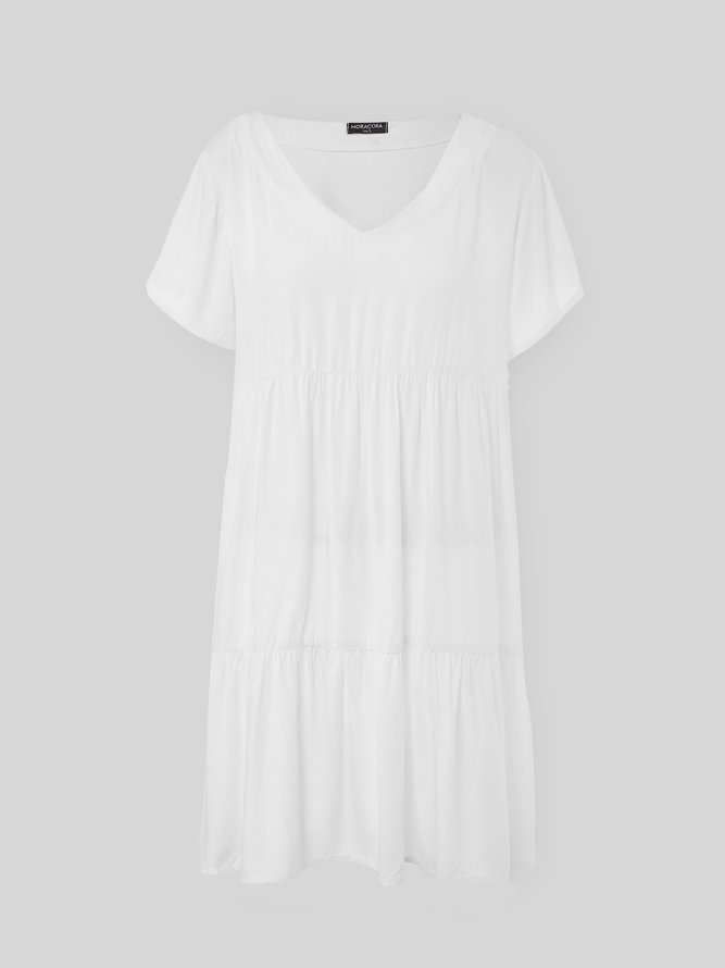 Cotton-Blend V Neck Casual Short Sleeve Weaving Dress | noracora