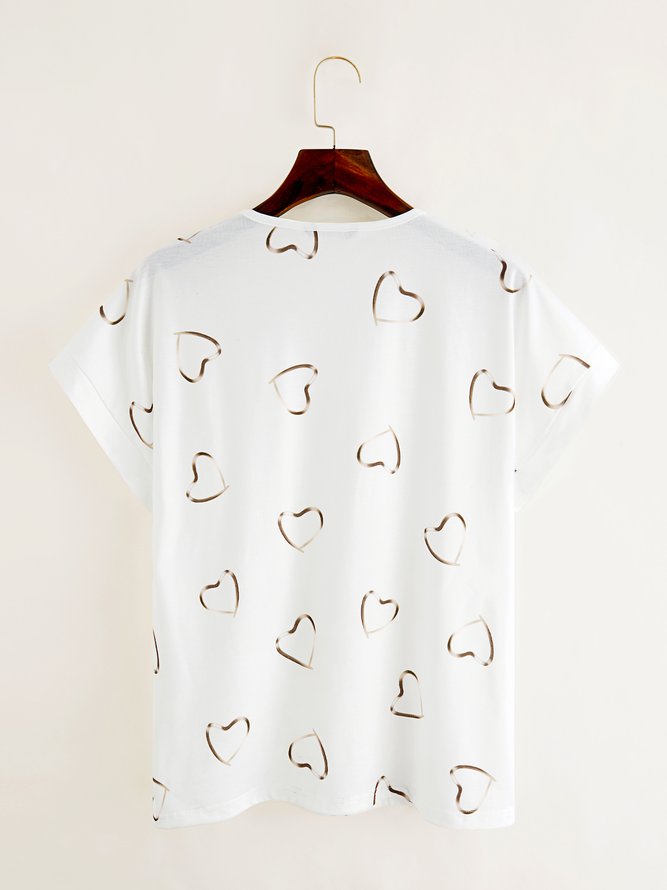 Women's Heart Printed V Neck Cotton Blend Short Sleeve Casual Tunic T-Shirt