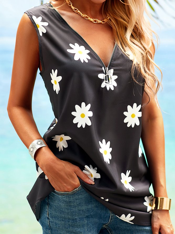 Plus size Sleeveless Daisy Printed Shirts & Tops | noracora