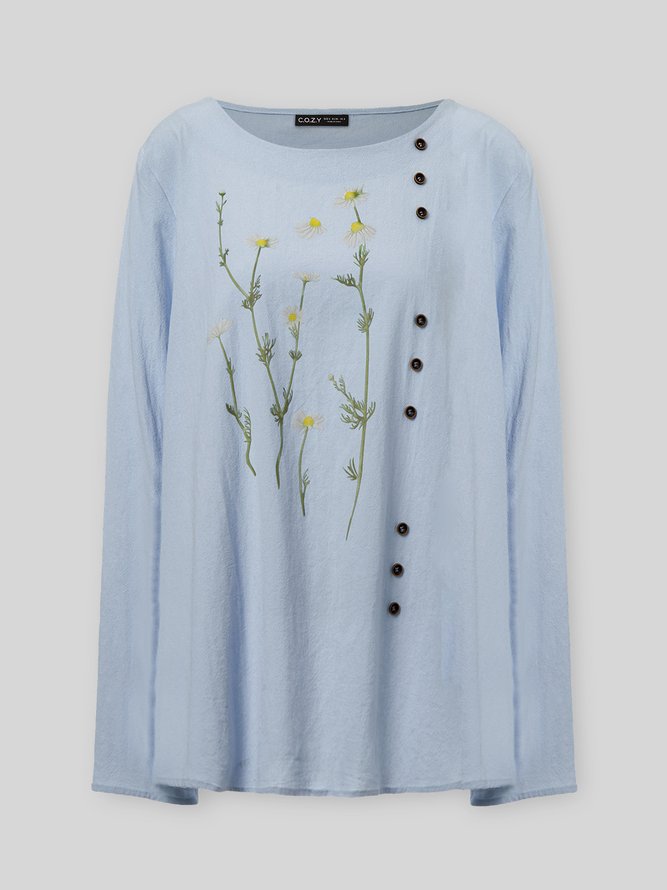 Women's Floral Blue Cotton Blend Crew Long Sleeve Casual Tops