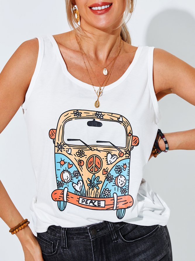 Sleeveless Cotton-Blend Printed Casual Shirts & Tops