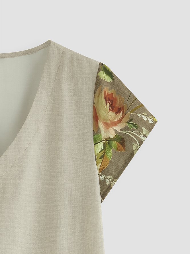 Women's V Neck Rose Floral Priented Short Sleeve Dress
