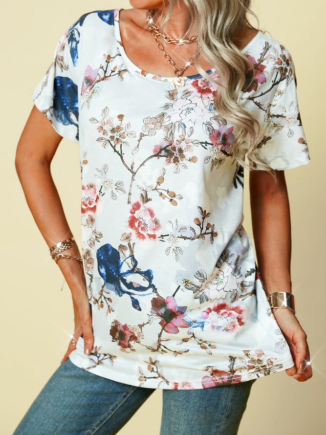 Cotton Printed Casual Crew Neck Tops