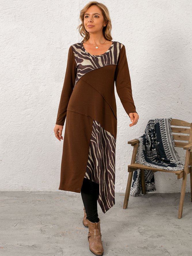 Coffee Zebra Floral-Print Long Sleeve High Low Knitting Dress