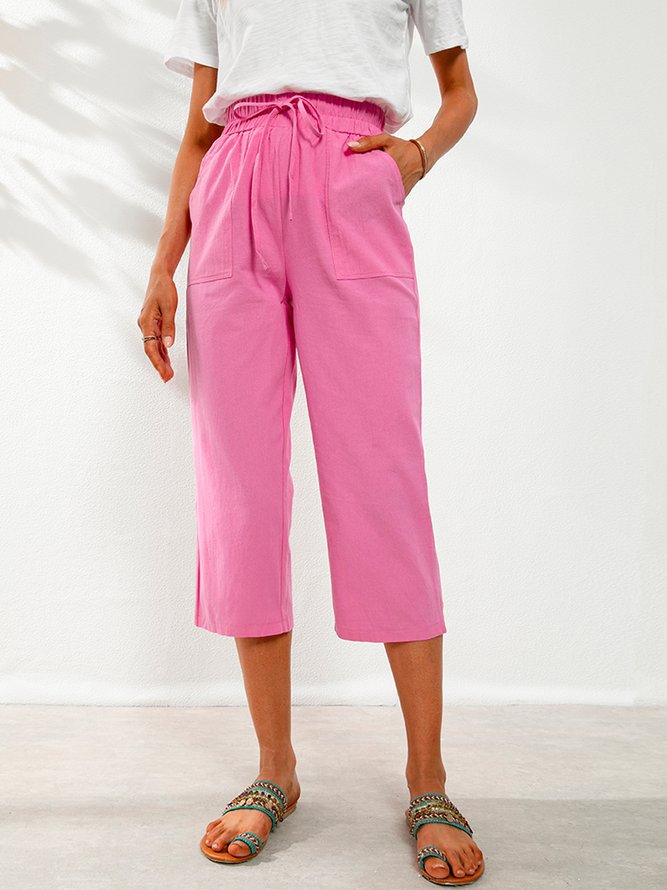 Casual Solid Pockets Straight Cropped Pants