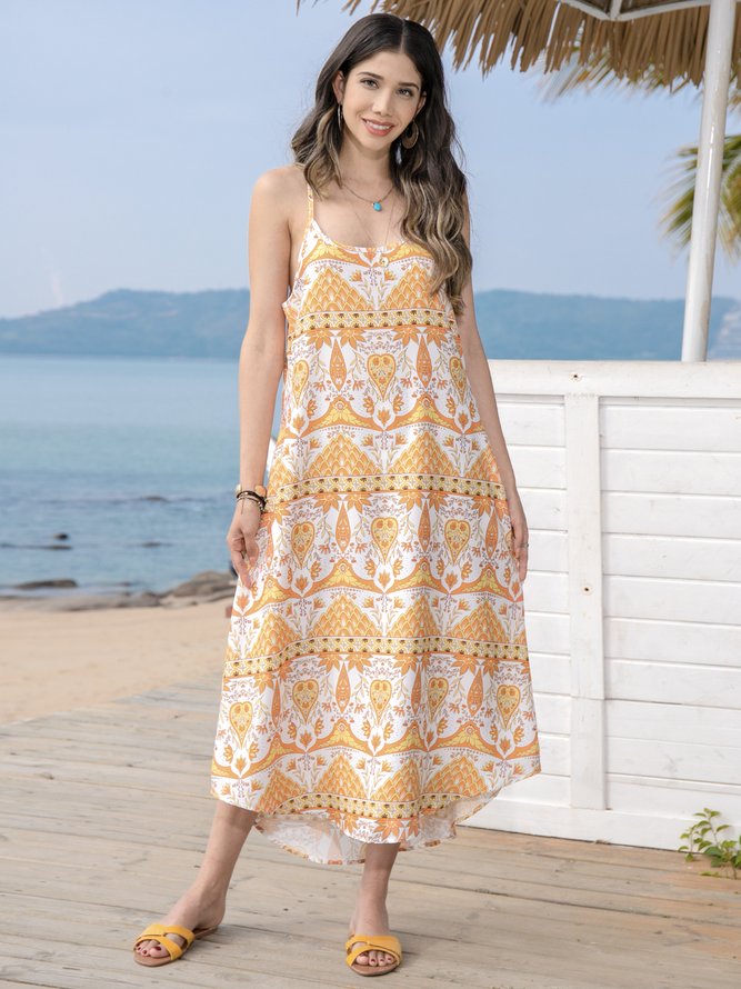 Yellow Floral-Print Casual Weaving Dress