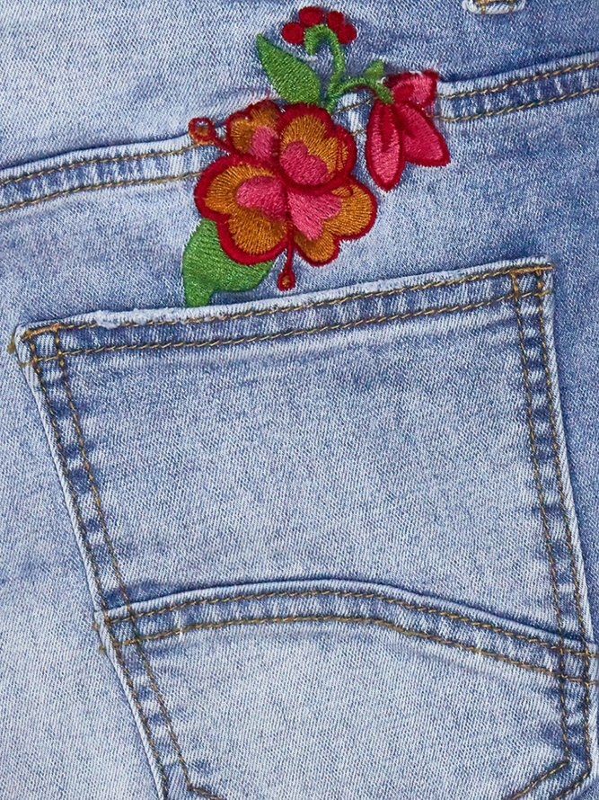 Flower Embroider Denim Plants Pants | noracora