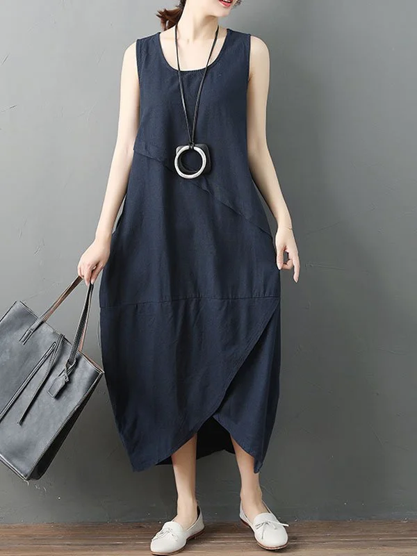 Sleeveless Asymmetrical Solid Color Linen Dress | noracora