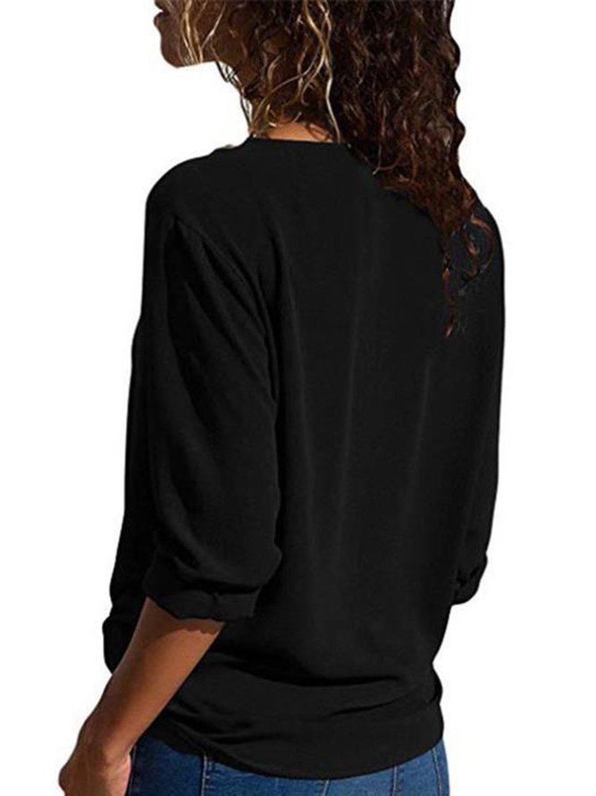 Women V-Neck Solid Color Long Sleeve Blouse