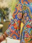 Women's Shift Dress Knee Length Dress Floral Smocked Ruffle Print Casual Boho Flare Cuff Sleeve Regular Fit V Neck Tribal Short Sleeve Dress