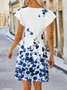 Floral Short Sleeve  Printed  Cotton-blend  V neck Vintage Summer  Blue Dress