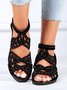 Black Ornate Rhinestone Hollow Upper Chunky Heel Sandals