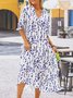 V Neck Loose Blue Floral Casual Dress