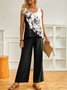 Color Block Floral Print Tank And Wide Leg Pants Set