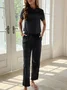 Casual Plain Short Sleeve Buckle Asymmetrical Collar Lace-up Top With Pockets Pants Two-Piece Set