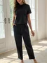 Casual Plain Short Sleeve Buckle Asymmetrical Collar Lace-up Top With Pockets Pants Two-Piece Set