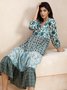 Women Floral Pattern V Neck Long Sleeve Comfy Casual Maxi Dress