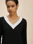 Women's Black And White Colorblock V Neck Long Sleeve T-shirt