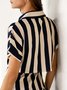 Women Striped Shirt Collar Short Sleeve Comfy Casual Split Joint Midi Dress