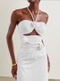 Women Plain Halter Sleeveless Comfy Vacation Ruched Maxi Dress