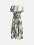 Women Floral V Neck Short Sleeve Comfy Elegant Lace-up Midi Dress