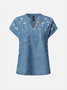 V Neck Short Sleeve Floral Embroidery Regular Loose Blouse For Women