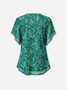 V Neck Short Sleeve Floral Regular Micro-Elasticity Loose Shirt For Women