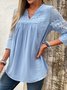 Notched Short Sleeve Plain Lace Regular Loose Shirt For Women