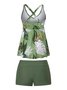 Vacation Floral Printing V neck Tankinis Two-Piece Set