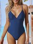 Casual Plain Gathered V Neck One Piece Swimsuit