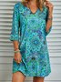 Polyester Fibre Floral V Neck Boho Short Tunic Dress