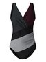 Casual Color Block Gathered V Neck One Piece Swimsuit
