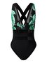 Vacation Floral Printing V neck One-Piece Swimsuit