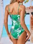 Vacation Plants Printing V Neck One Piece Swimsuit