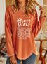 Letters Long Sleeve Crew Neck Buttoned Casual T-Shirt