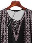 Tribal Floral Geometric Printed Boho Loosen Lace-Up V Neck Cross Short Sleeve Tops