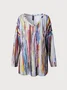 V Neck Ombre Striped Elbow-Length Sleeve T-Shirt