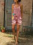 Women Floral Print Sleeveless Denim Overall Romper Jumpsuits