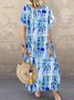 White Round Neck Casual Swing Patchwork Cotton-Blend Maxi Weaving Dress