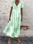 Plus Size Women Short Sleeve V Neck Vintage Plant Floral Casual Weaving Dress