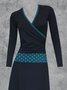 Color-Block V Neck Cotton-Blend Long Sleeve Dresses