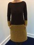 Brown Round Neck Cotton-Blend Casual Color-Block Knitting Dress