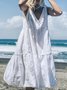 White Woman Casual Cotton V Neck Weaving Dress