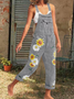Women Sleeveless Denim Floral Floral-Print Jumpsuit & Romper Jumpsuit Overalls Jeans Pants Overalls