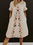 Beige Floral-Embroidered Short Sleeve Dress