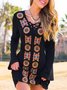 Vintage Boho Geometric Floral Embroidered Plus Size Long Sleeve V Neck Casual Knitting Dress